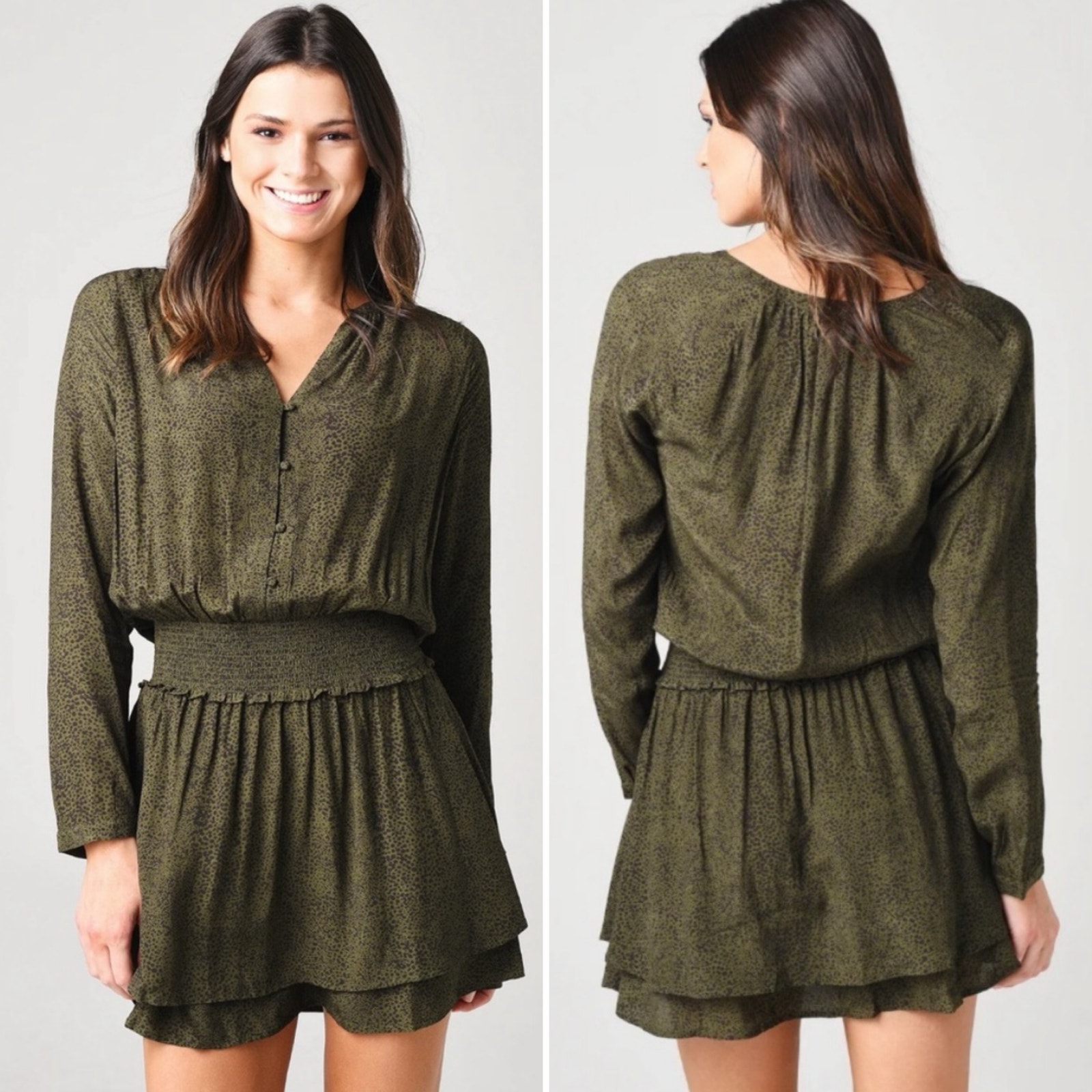 Rails Jasmine Mini Dress Olive Green Speckled Long Sleeve Smocked Waist Size Xs